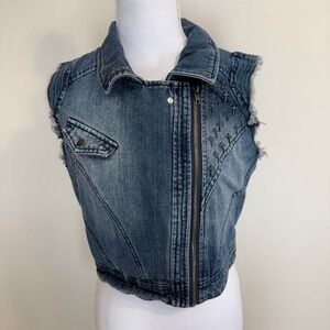 Highway Jeans Blue Denim Cropped Sleeveless Biker Jacket Cross Details Sz M